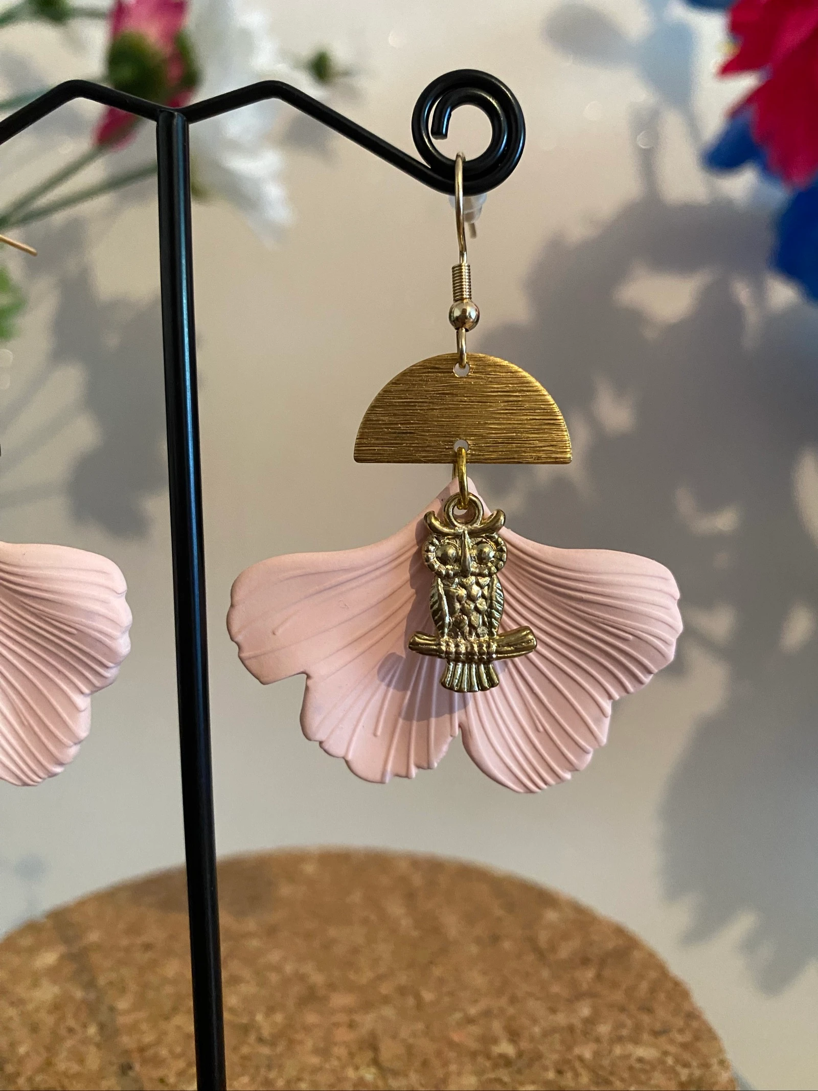 🌸 Powder pink Ginkgo earrings & gold owl 🌸 – photo 6